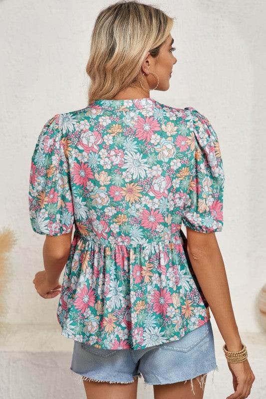 floral ruffle bottom puff sleeve blouse