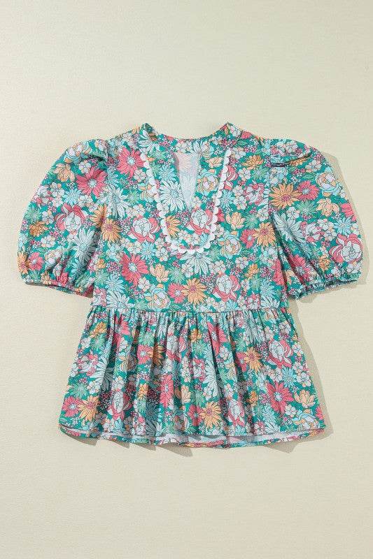 floral ruffle bottom puff sleeve blouse
