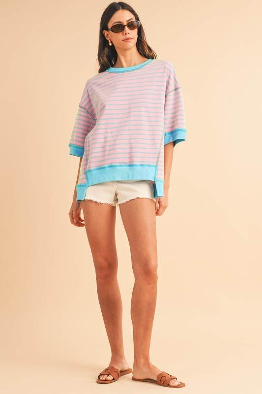Pink Stripe mint half sleeve sweatshirt