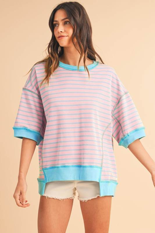 Pink Stripe mint half sleeve sweatshirt