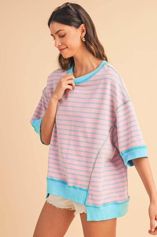 Pink Stripe mint half sleeve sweatshirt