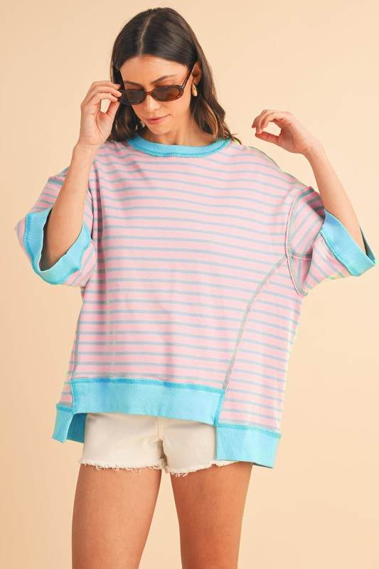 Pink Stripe mint half sleeve sweatshirt