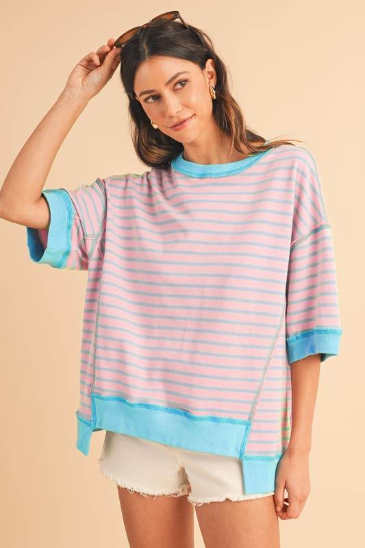 Pink Stripe mint half sleeve sweatshirt