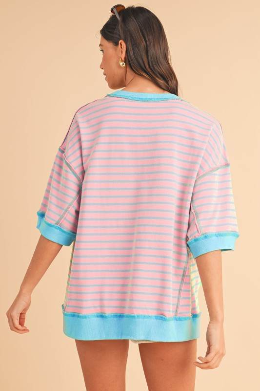 Pink Stripe mint half sleeve sweatshirt