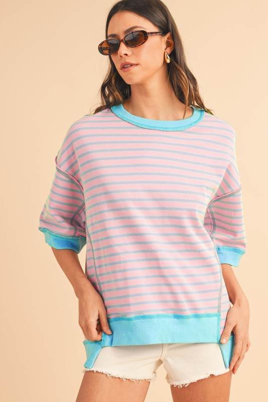 Pink Stripe mint half sleeve sweatshirt