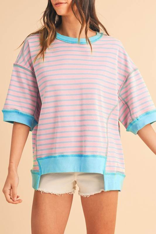 Pink Stripe mint half sleeve sweatshirt