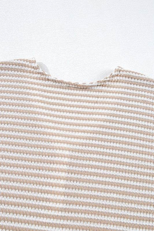 Khaki Stripe Buttoned Front V Neck Knitted T Shirt