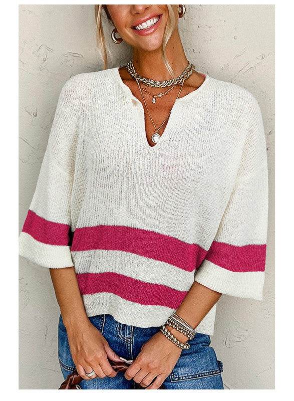 Striped Notched V Neck Cropped Sweater T Shirt