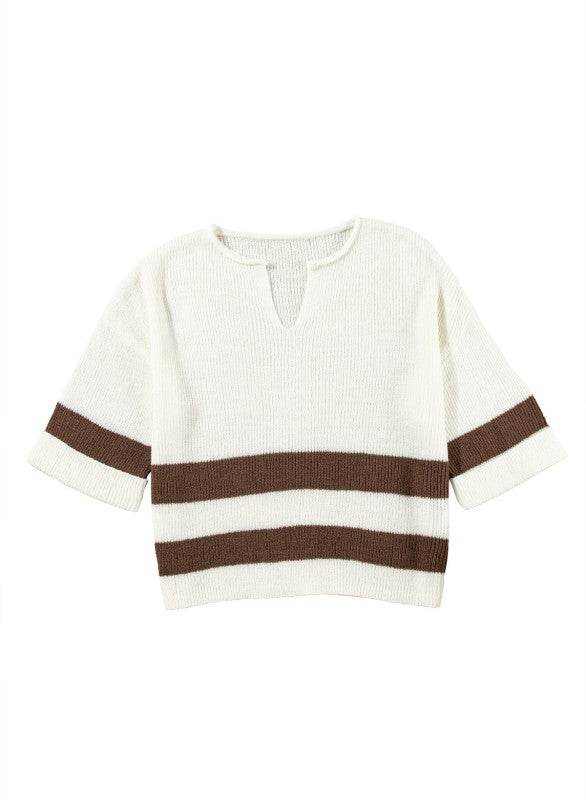 Striped Notched V Neck Cropped Sweater T Shirt