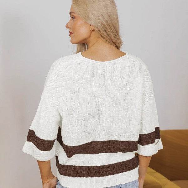 Striped Notched V Neck Cropped Sweater T Shirt