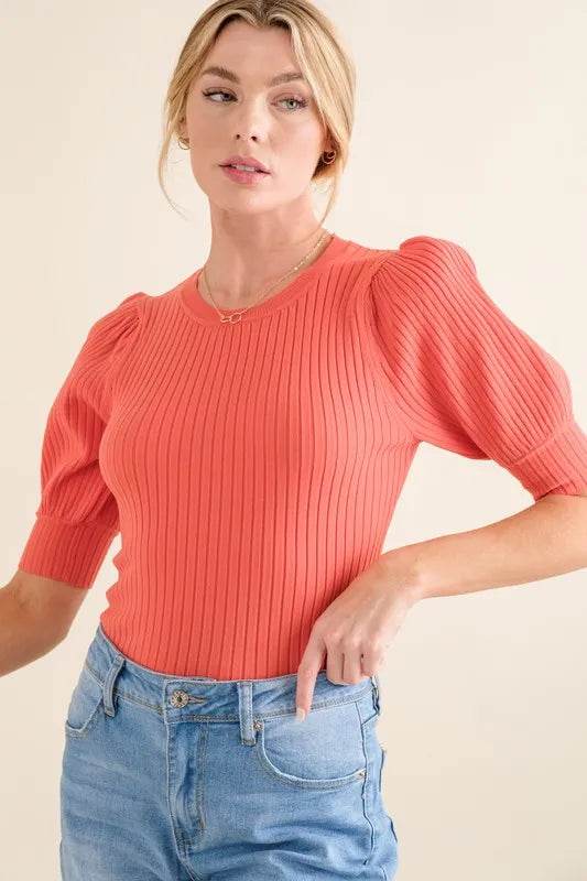 And The Why Puffed Half Sleeve Rib Basic Bodysuit
