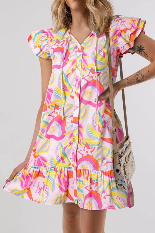 Floral Ruffle Trim Flutter Sleeve Buttoned Dress