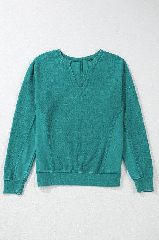 Solid Color Notched Neck Drop Shoulder Sweatshirt