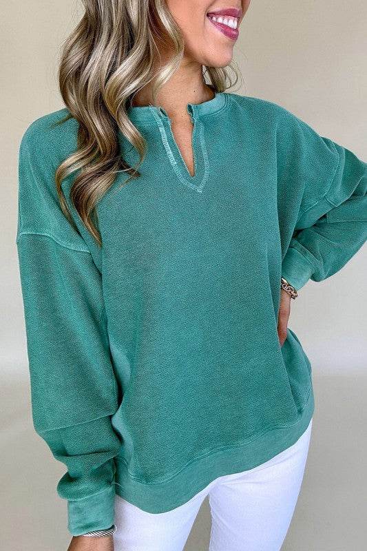 Solid Color Notched Neck Drop Shoulder Sweatshirt