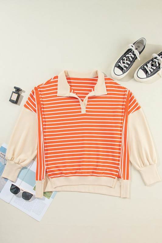Stripe Color Block Collared Drop Sweatshirt