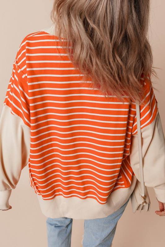 Stripe Color Block Collared Drop Sweatshirt