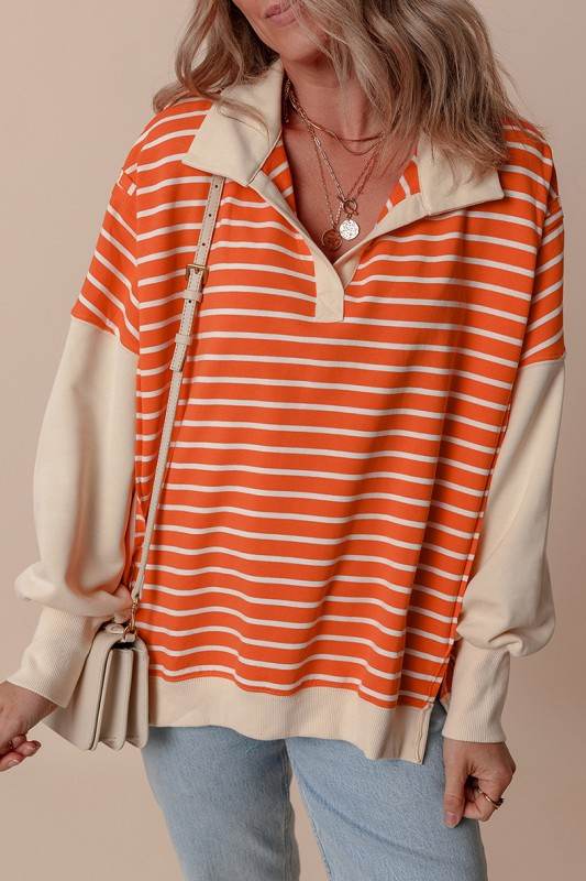 Stripe Color Block Collared Drop Sweatshirt