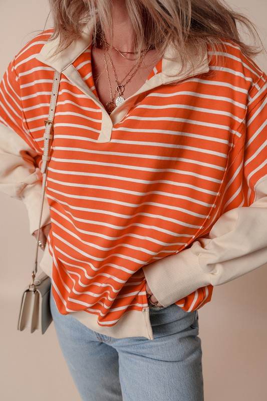 Stripe Color Block Collared Drop Sweatshirt