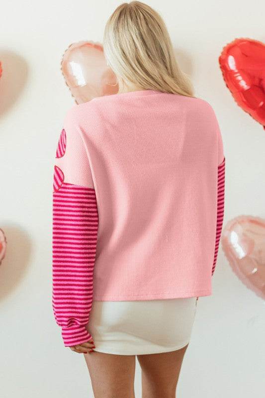 Floral Patch Striped Sleeve Textured Top