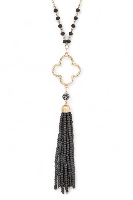 Beaded Tassel Clover Pendant Long Necklace