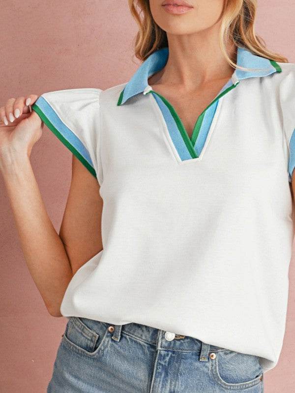 Viscose Collared V Neck Ruffle Sleeve  Blouse