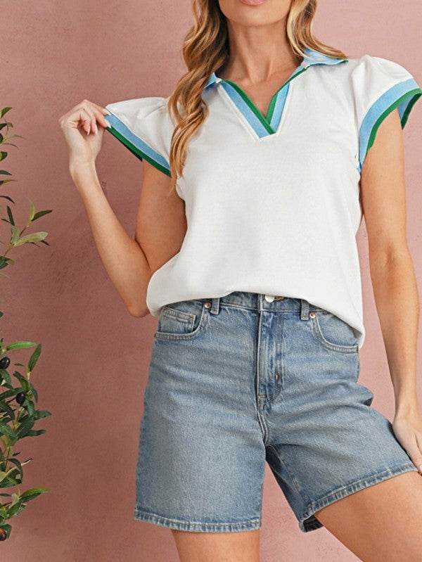 Viscose Collared V Neck Ruffle Sleeve  Blouse