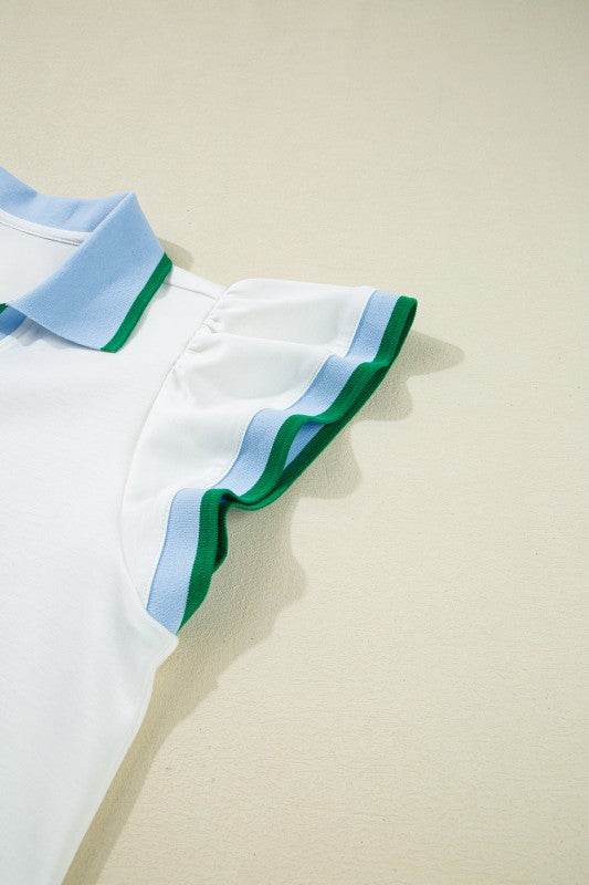 Viscose Collared V Neck Ruffle Sleeve  Blouse