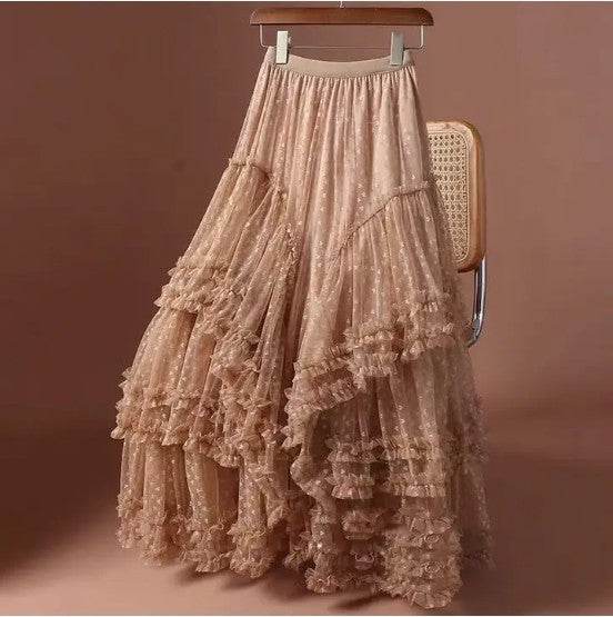 Mesh ruffle maxi skirt