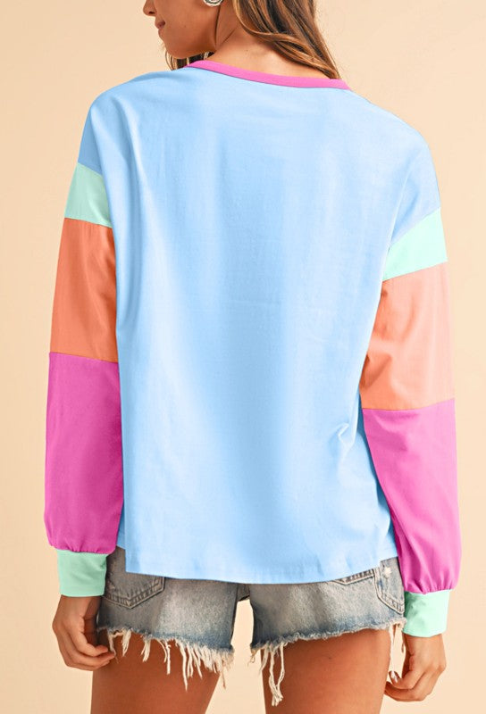 Boho Cotton 90's Color Block Sleeve Loose Fit Top