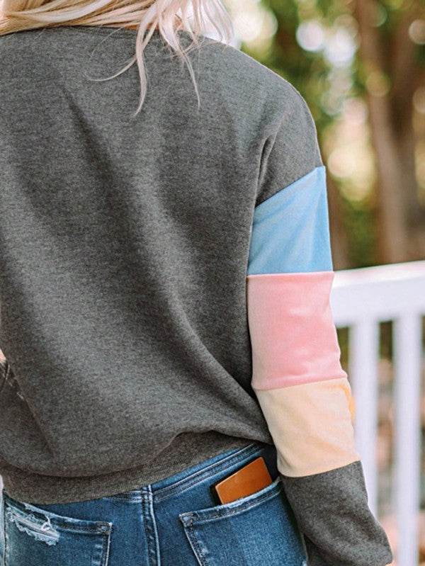 Cotton Casual Color Block Drop Sleeve Sweatshirt