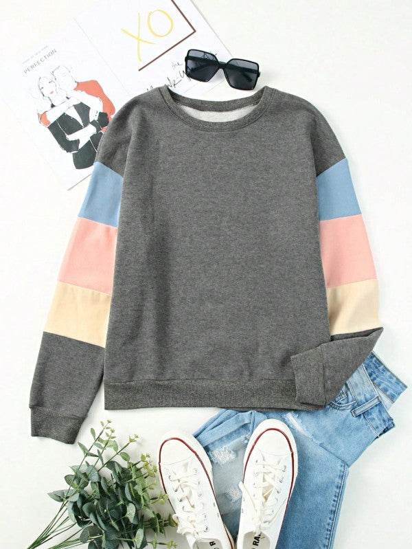 Cotton Casual Color Block Drop Sleeve Sweatshirt