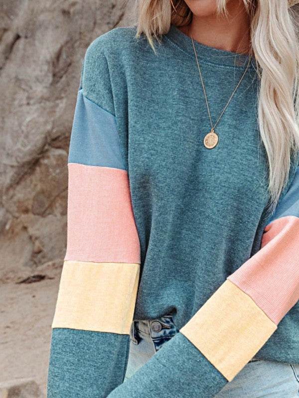 Cotton Casual Color Block Drop Sleeve Sweatshirt