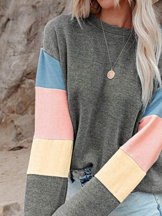 Cotton Casual Color Block Drop Sleeve Sweatshirt