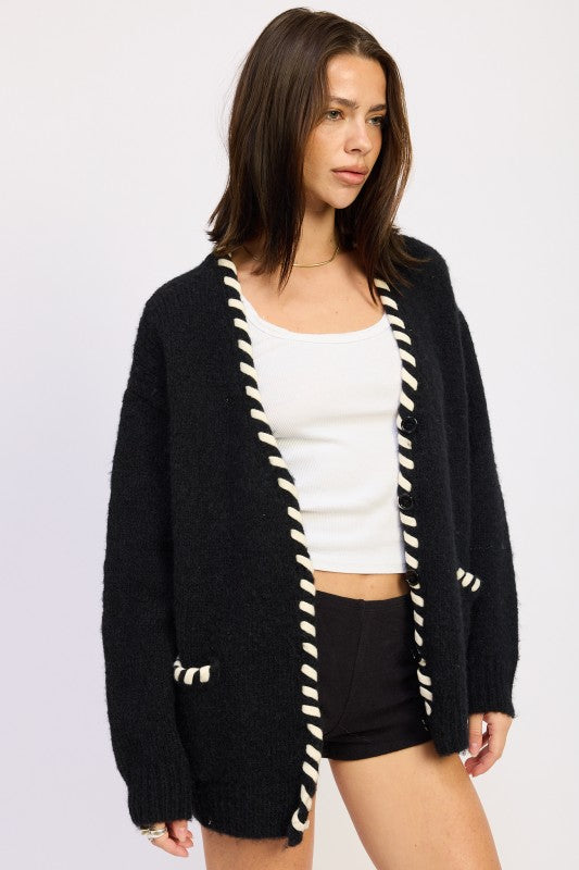 LEATHER TRIM CARDIGAN WITH BUTTONS