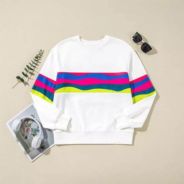 Colorful Striped Accent Long Sleeve Sweatshirts