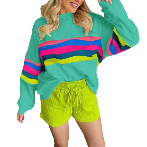 Colorful Striped Accent Long Sleeve Sweatshirts