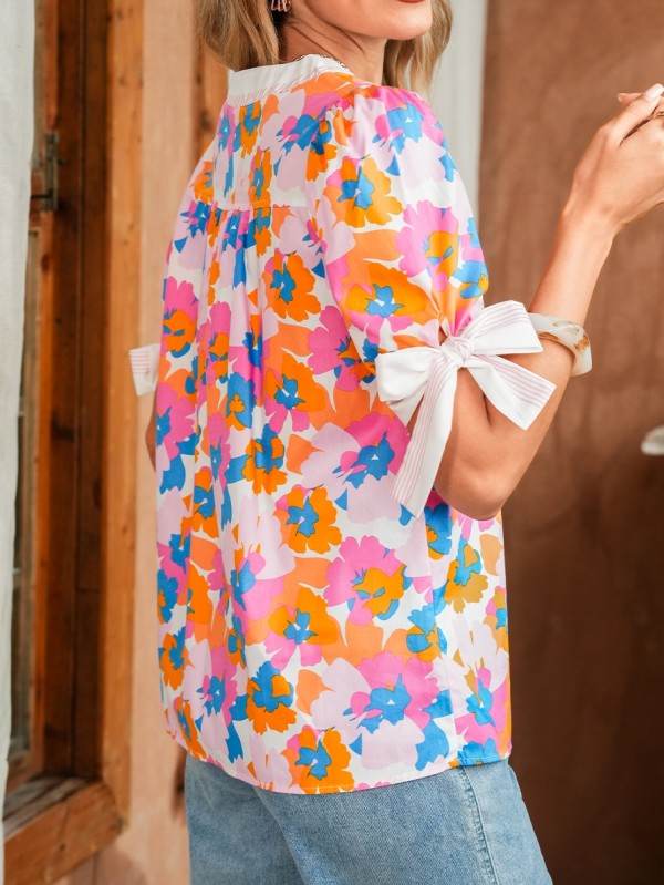 Cotton V Neck Floral Knotted Short Sleeve Blouse