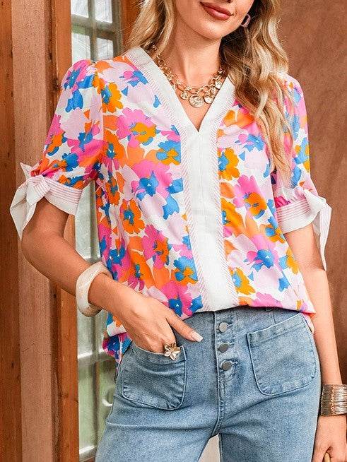 Cotton V Neck Floral Knotted Short Sleeve Blouse