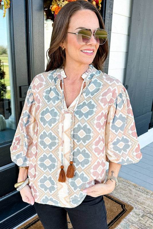 Print Tassel Tie Split Neck Balloon Sleeve Blouse
