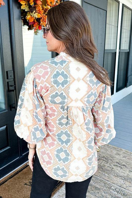 Print Tassel Tie Split Neck Balloon Sleeve Blouse