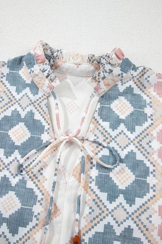 Print Tassel Tie Split Neck Balloon Sleeve Blouse
