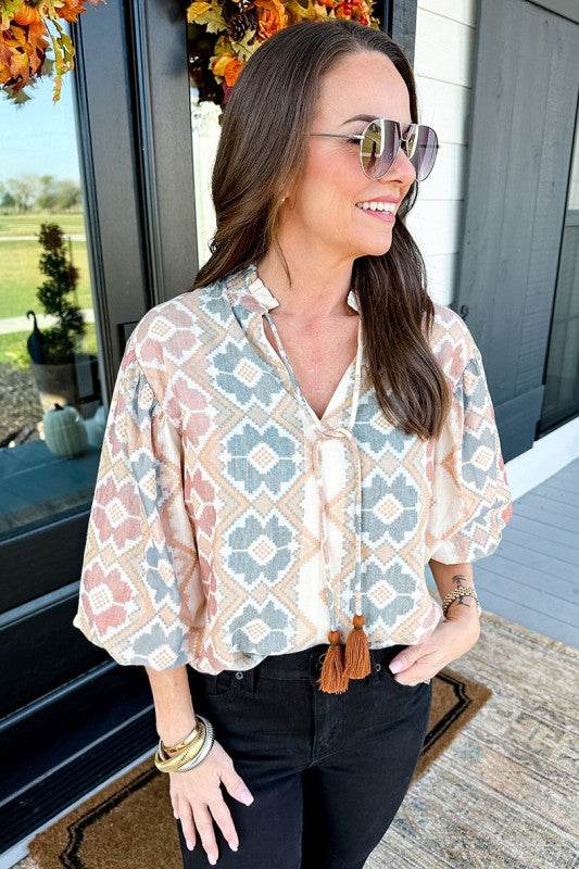 Print Tassel Tie Split Neck Balloon Sleeve Blouse