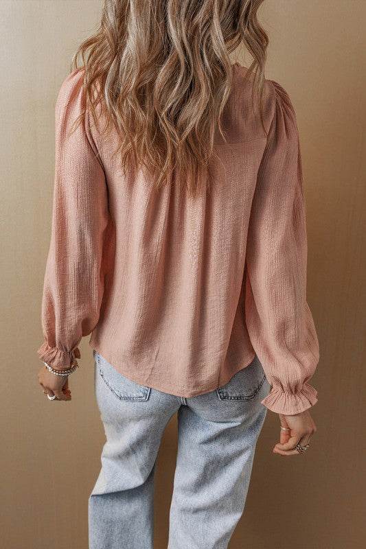 Embroidered Textured Flounce Sleeve Elegant Blouse