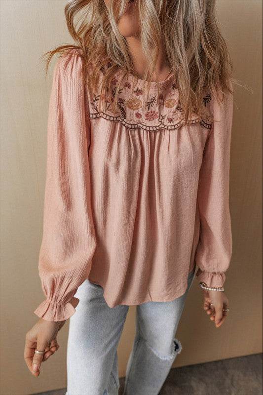 Embroidered Textured Flounce Sleeve Elegant Blouse