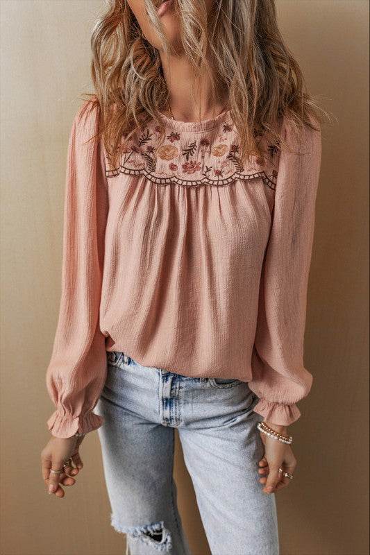 Embroidered Textured Flounce Sleeve Elegant Blouse