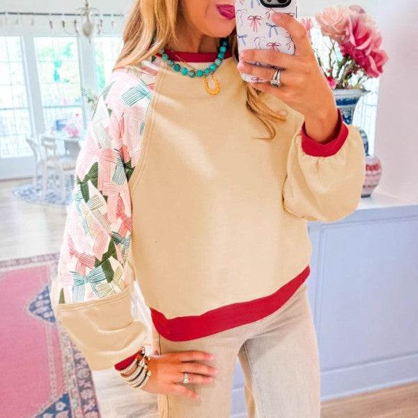 Women Printed Patchwork Raglan Sleeve Sweatshirts