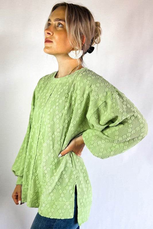 Solid Color Textured Side Split Crew Neck Blouse