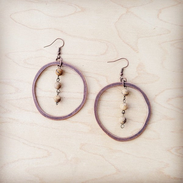 Western Copper Hoop Earrings w Picture Jasper Bead