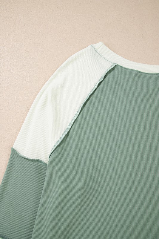 Ribbed Colorblock Patchwork Raglan Long Sleeve Top