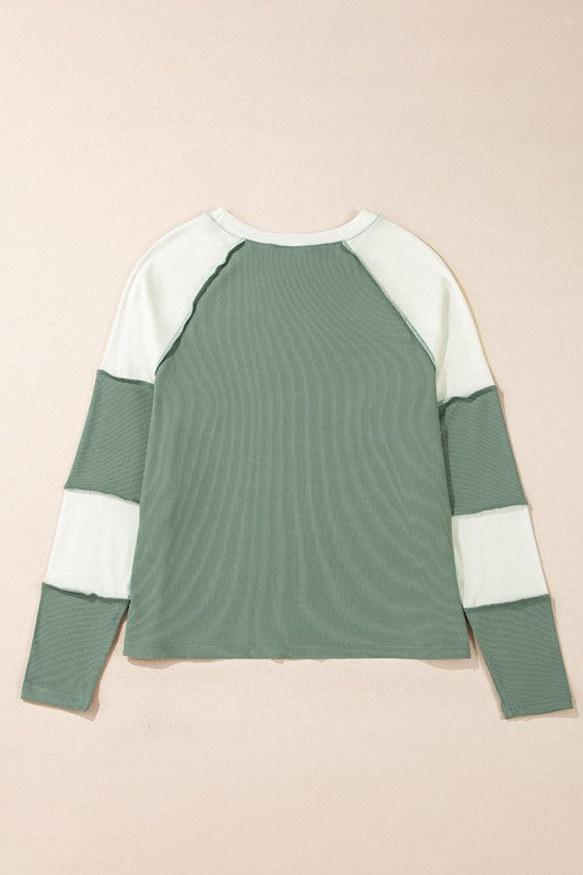 Ribbed Colorblock Patchwork Raglan Long Sleeve Top